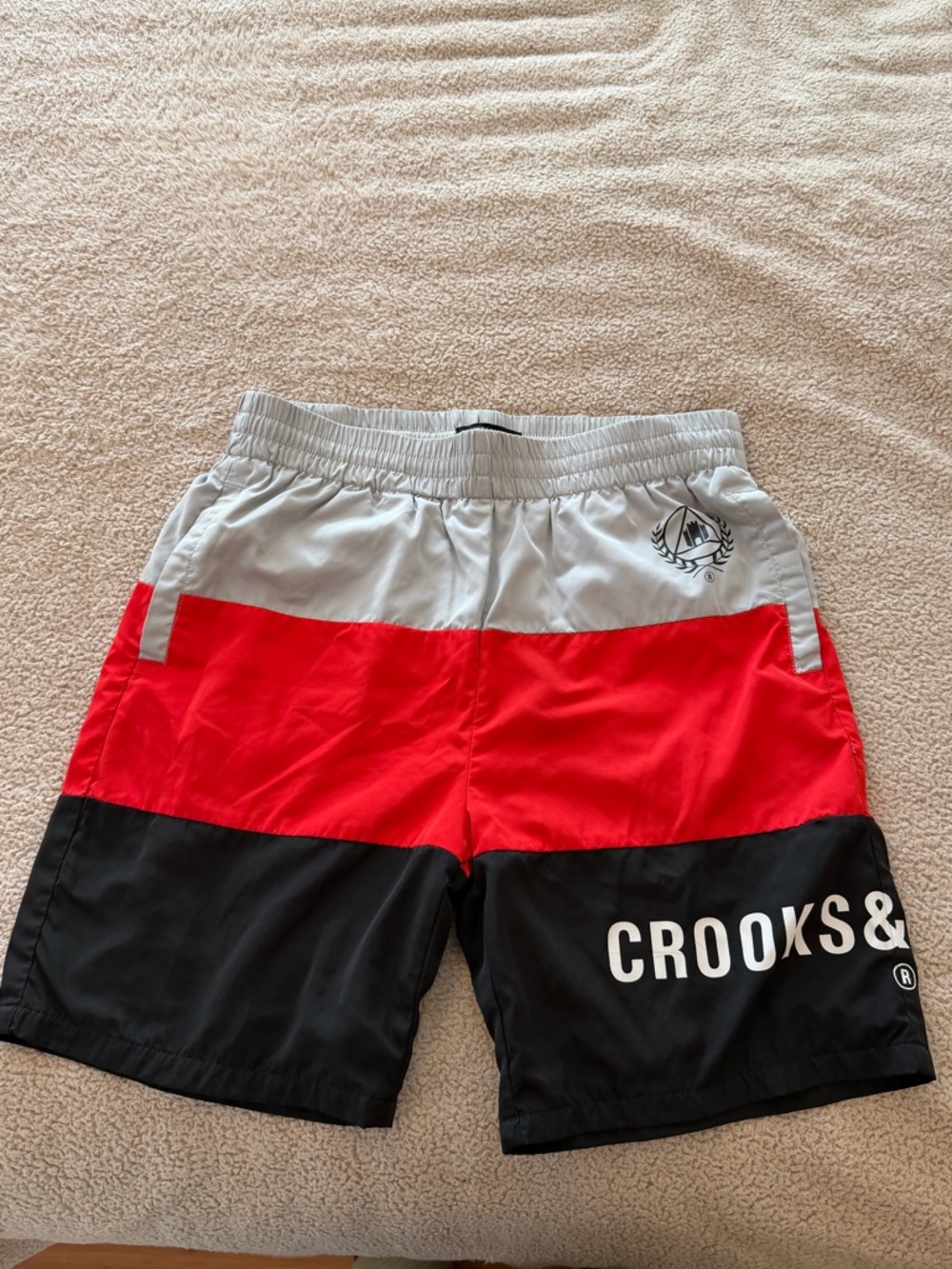 Crooks & Castles Gray Red and Black Swim Shorts with Logo Waist Label and Liner